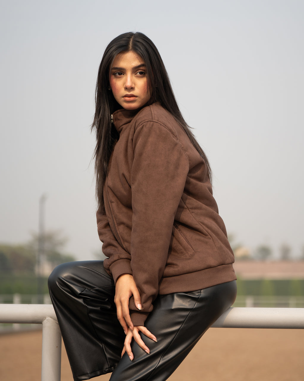 Premium Suede-Finish Zip-Up Jacket – Roasted Espresso