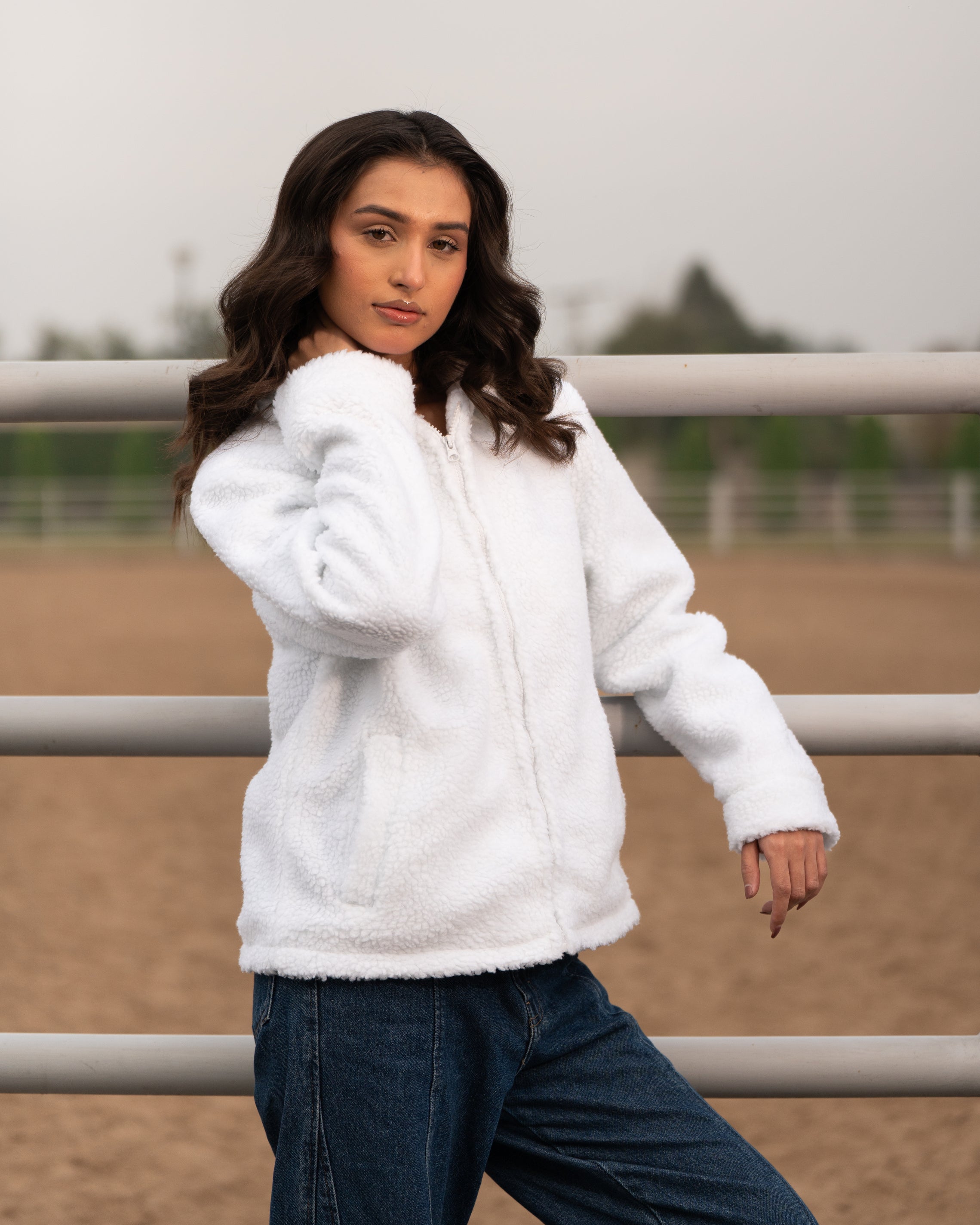 Premium Cloud-White Borg Zip-Up jacket