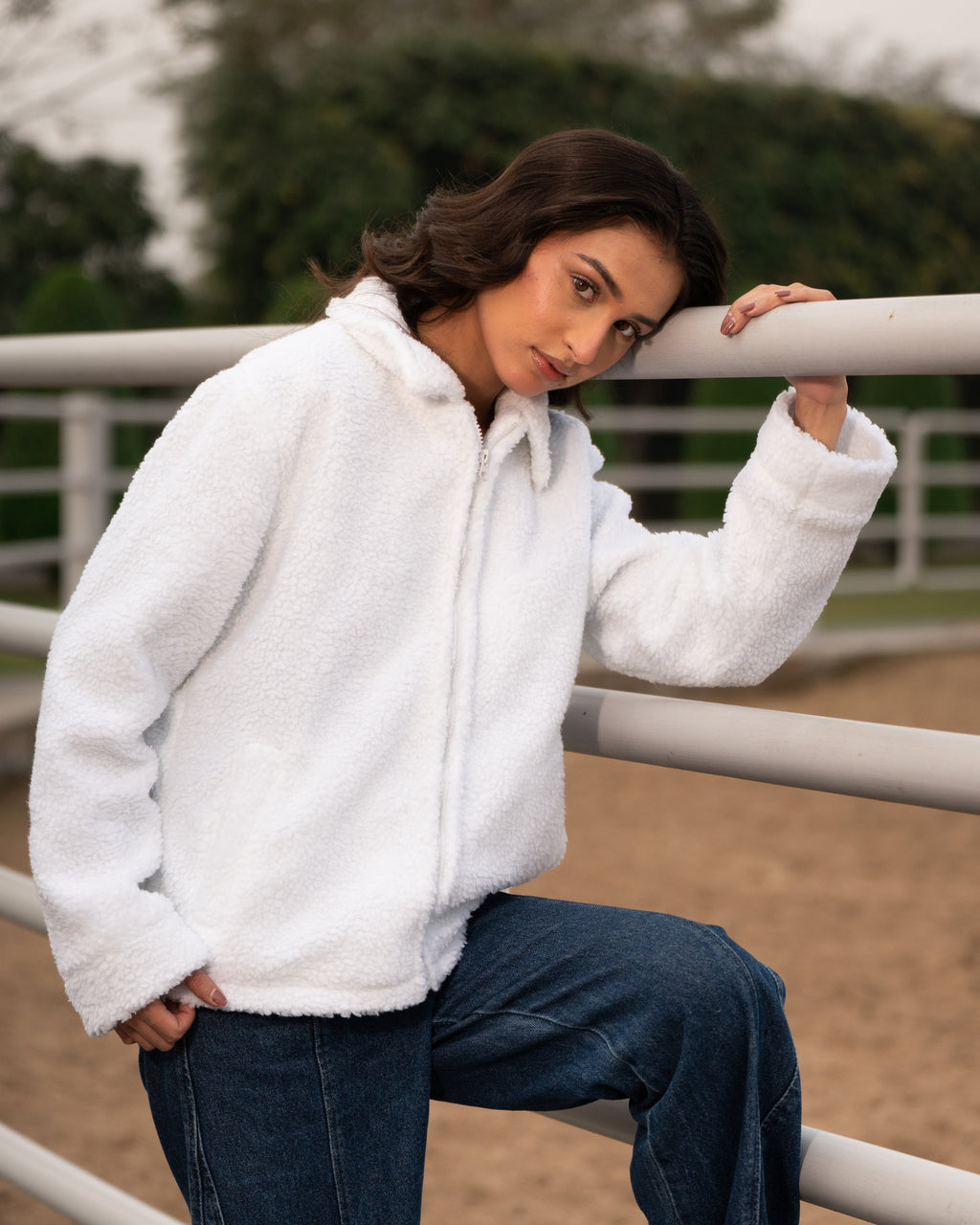 Premium Cloud-White Borg Zip-Up jacket