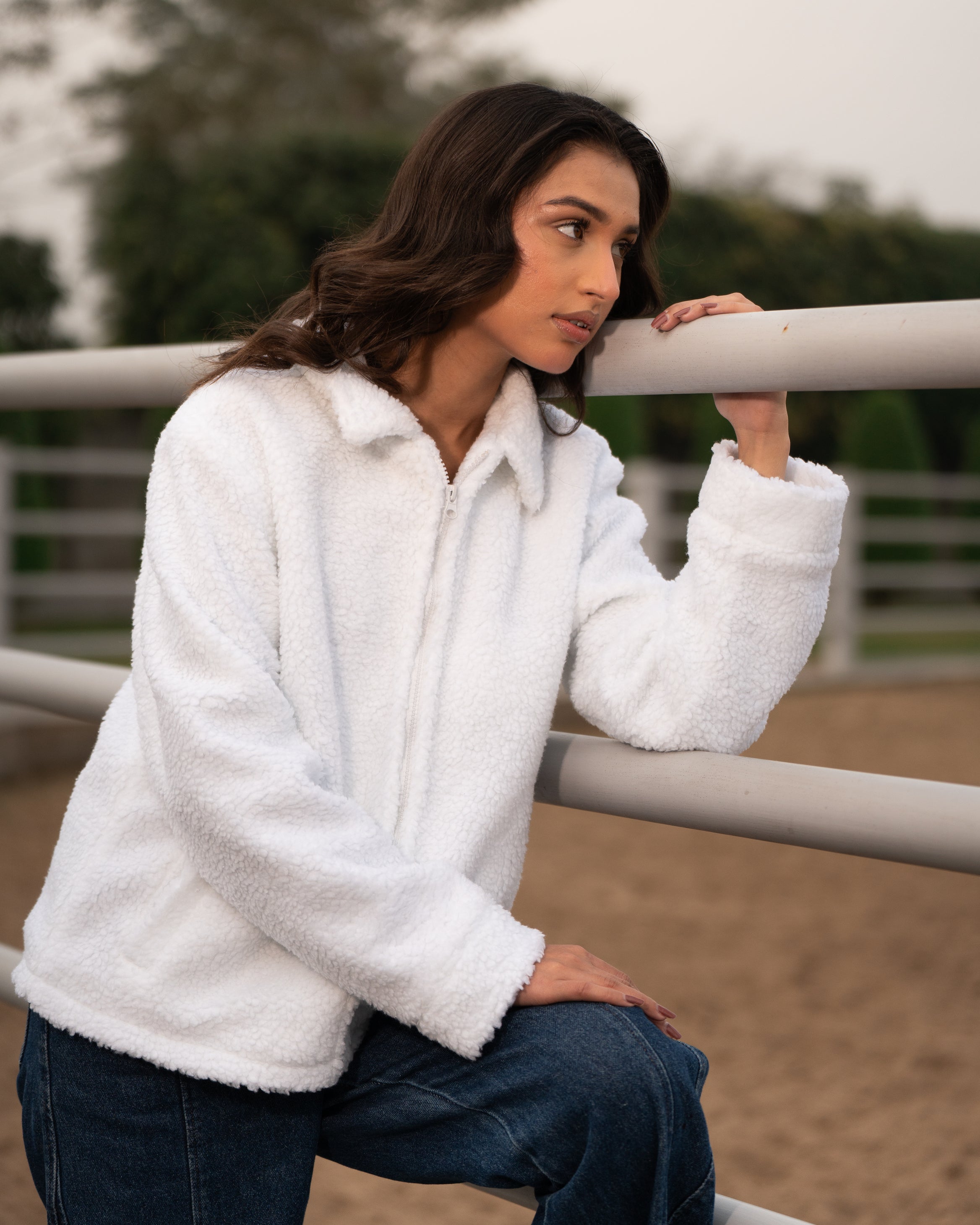 Premium Cloud-White Borg Zip-Up jacket