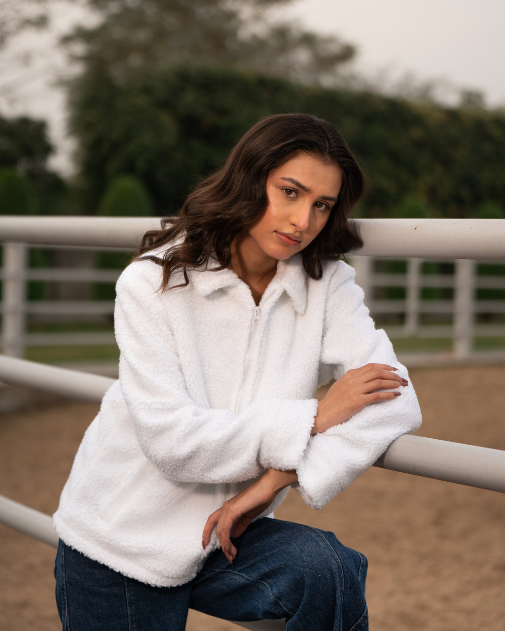 Premium Cloud-White Borg Zip-Up jacket