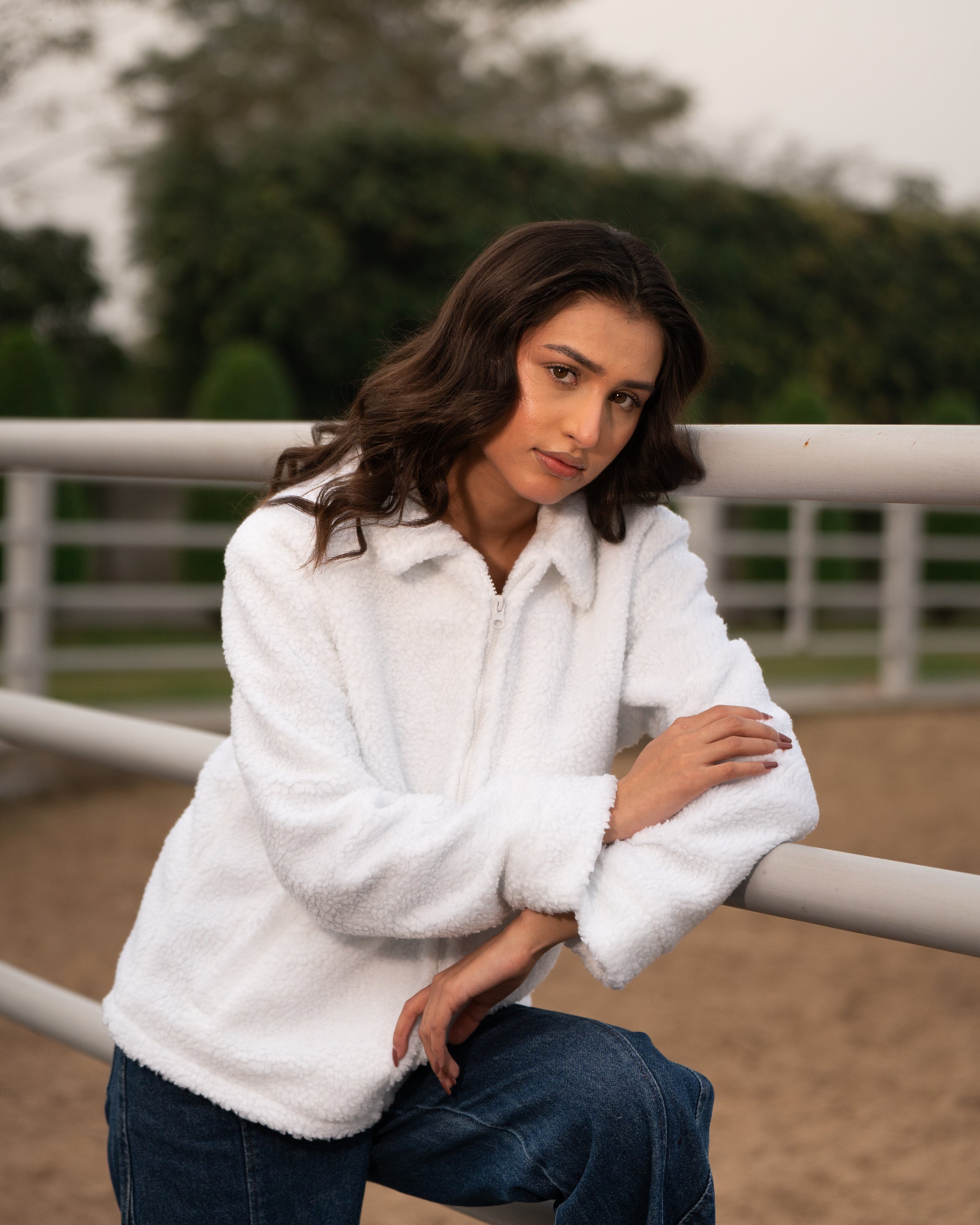 Premium Cloud-White Borg Zip-Up jacket